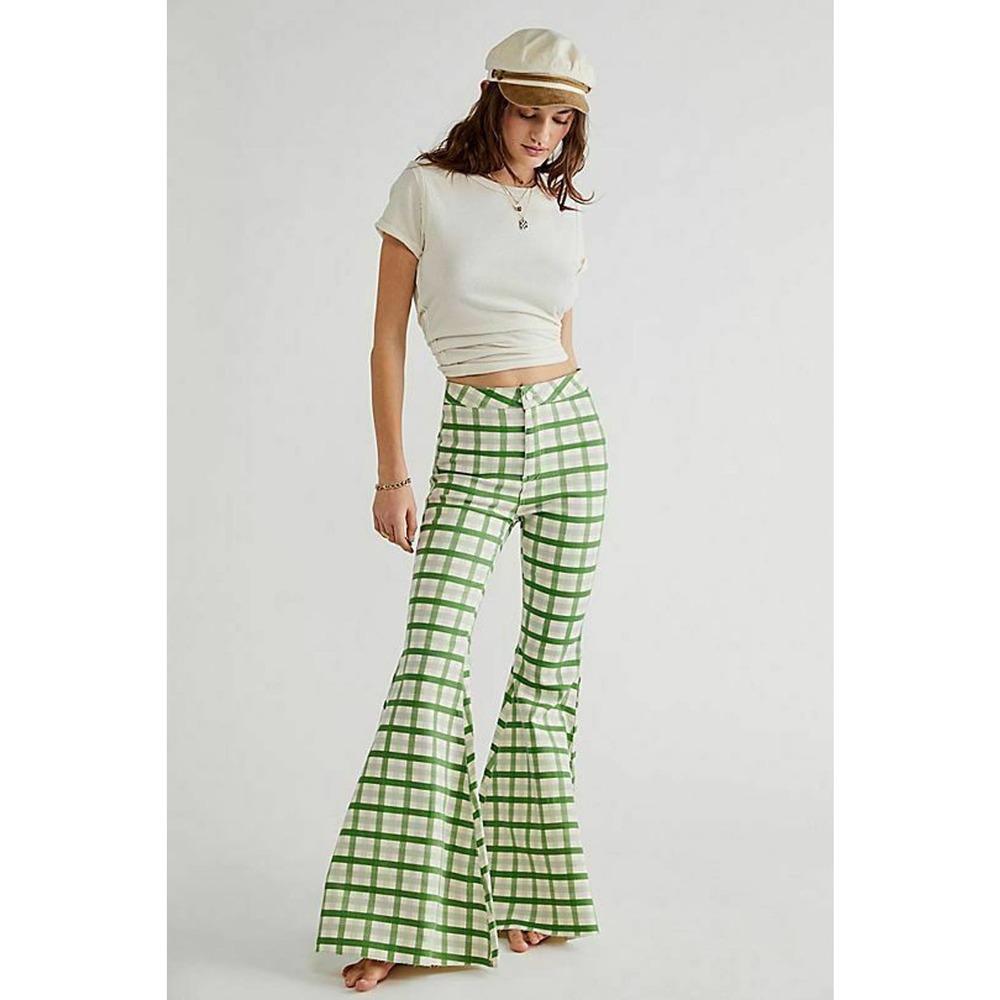 New Free People Float on Flare Green Plaid High Rise Wide Leg Flare Jeans - Picture 1 of 6